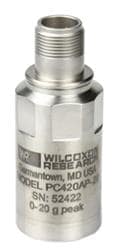 振动传感器 Top exit, 105 C, 4-20 mA ( 5% @ full scale) proportional to Acceleration, RMS, 10 g (98 m/sec2), 1/4-28 mounting hole (stud included), MIL-C-5015 connector.